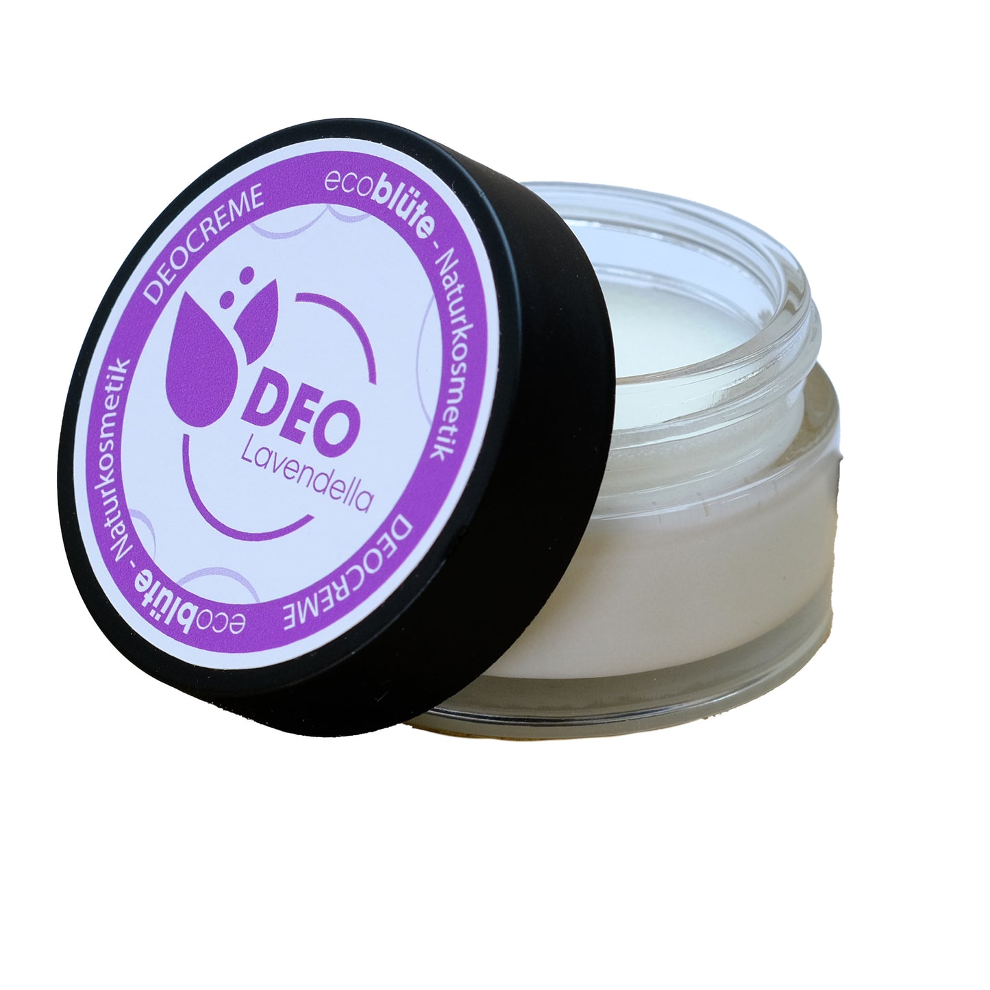 Deocreme Lavendella, Tiegel offen mit angelehntem Deckel