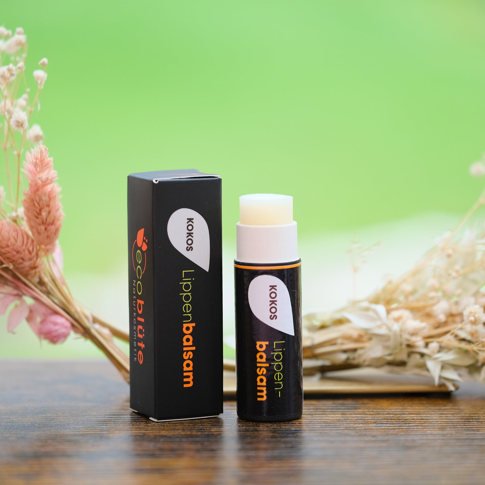 Lippenpflege Stift KOKOS mit Verpackung und Gesteck