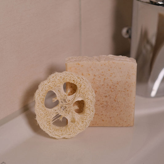Naturseife Koko mit Luffa-Scheibe am Waschbecken