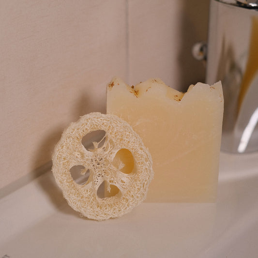 Naturseife Natura mit Luffa-Scheibe am Waschbecken