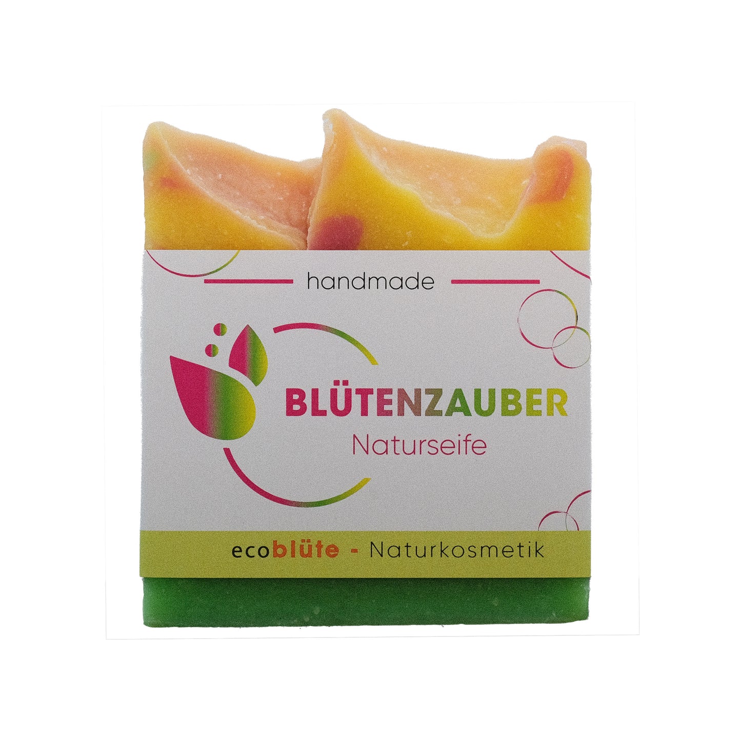 Naturseife Blütenzauber mit Banderole, handgemacht in unserer Seifenmanufaktur, eine ideale Körper- und Gesichtsseife in den Farben einer Sommerwiese