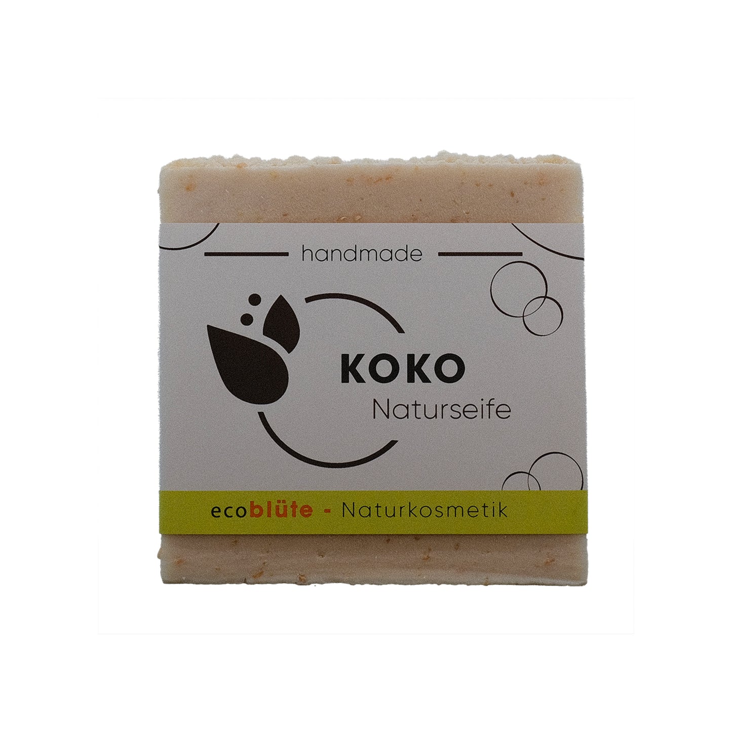 Naturseife KOKO mit Banderole, handgemacht in unserer Seifenmanufaktur, eine Peelingseife die nach Kokos duftet.